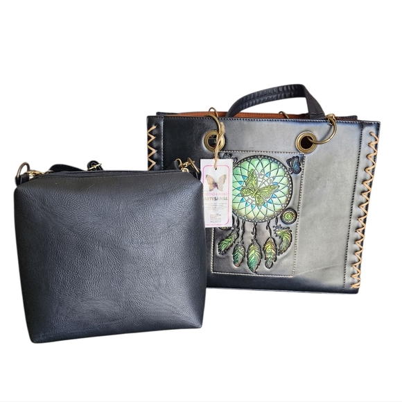 Leather Black Dreamcatcher Tote Bag With Crosbody - Picture 1 of 7